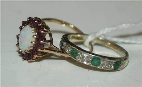 Emerald & diamond half eternity ring, white metal setting & a white opal & ruby-set gold ring